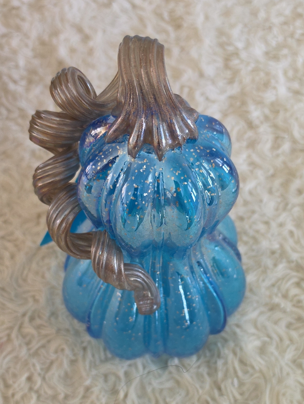 Blue Handblown Glass Pumpkin Sculpture with Bronze-Toned Stem